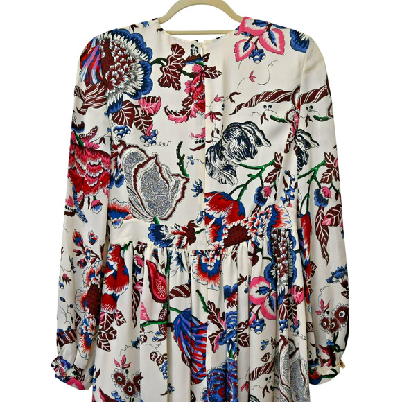 Tory Burch Silk Dress Sz 0 Cream Blue Red Floral Long Sleeve Midi Length Pockets - Picture 4 of 7